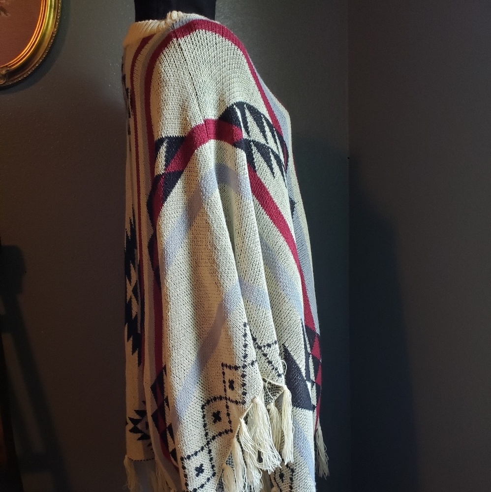 Maroon and light blue Aztec pattern poncho